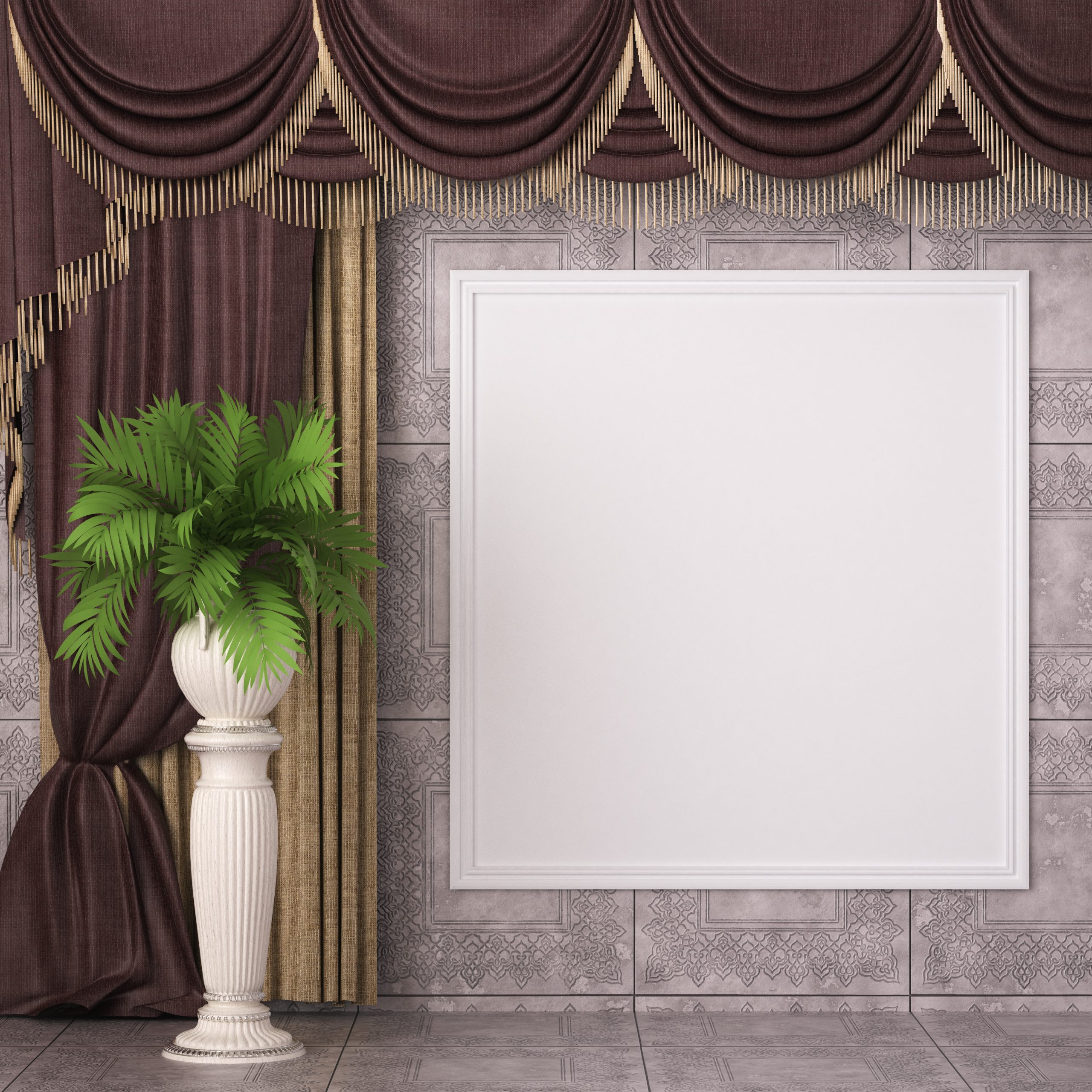 3D illustration mockup photo frame on beautiful wall in gallery hall or lobby of luxury building, Decorated with scandinavian style interior and natural rendering